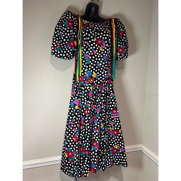 Leslie Lucks Dresses & Skirts - Leslie Lucks Vintage Dress Women 8 Black Floral Polka Dot Excellent Cottagecore